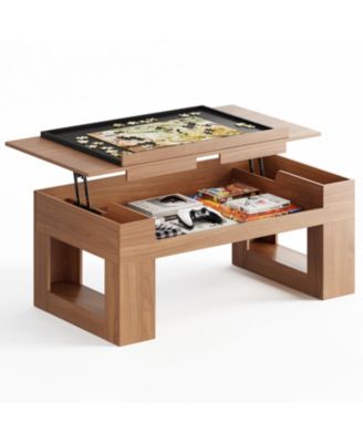 Lift Top Coffee Table with Puzzle Tray, Modern Wood Center Table with Hidden Storage and Charging Station for Living Room