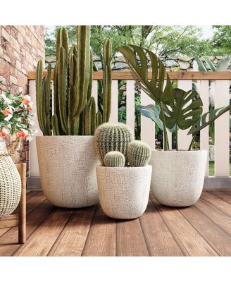 3-Piece Lightweight MGO Round Crackle Stone Planter Set with Drainage