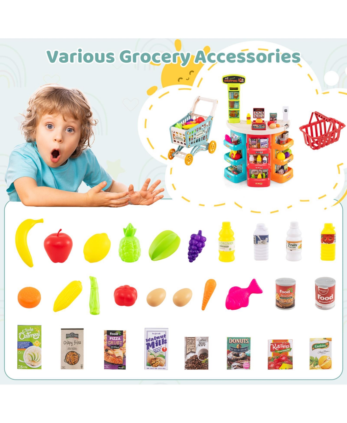 Mecale Kids Supermarket Playset with Shopping Cart and 76 Accessories, Age 3+