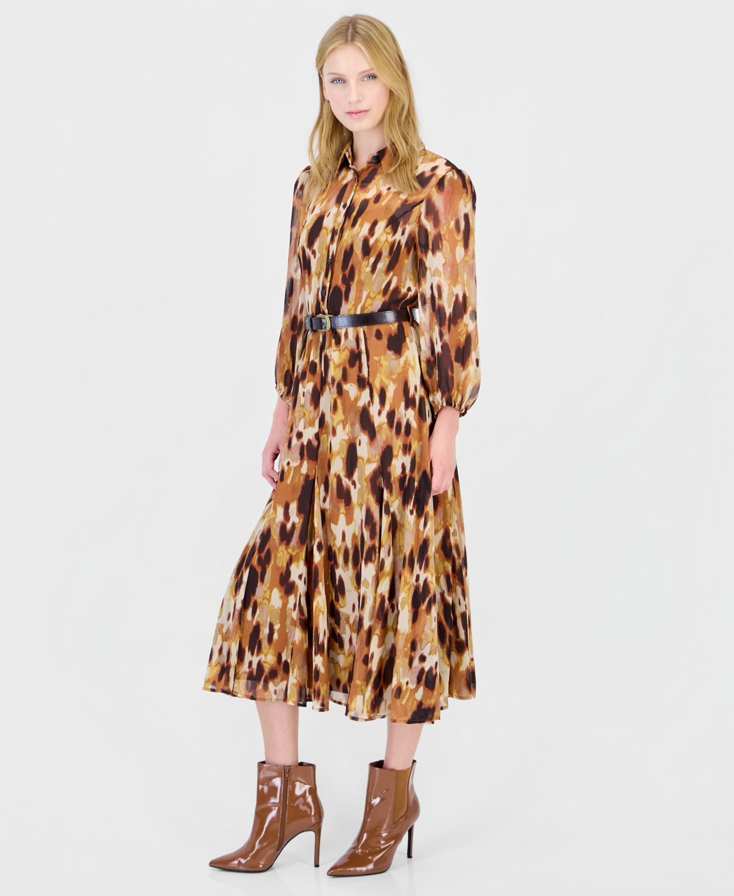 Женское платье Tahari ASL Long-Sleeve Belted Midi Shirt Dress, цвет: Светло-коричневый — фото 3