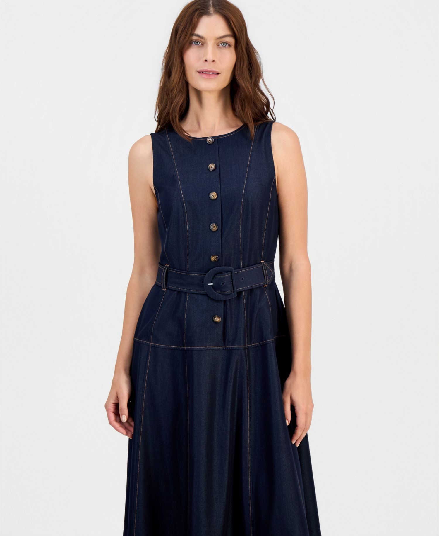 Women's Button-Front Belted Fit and Flare Midi Dress