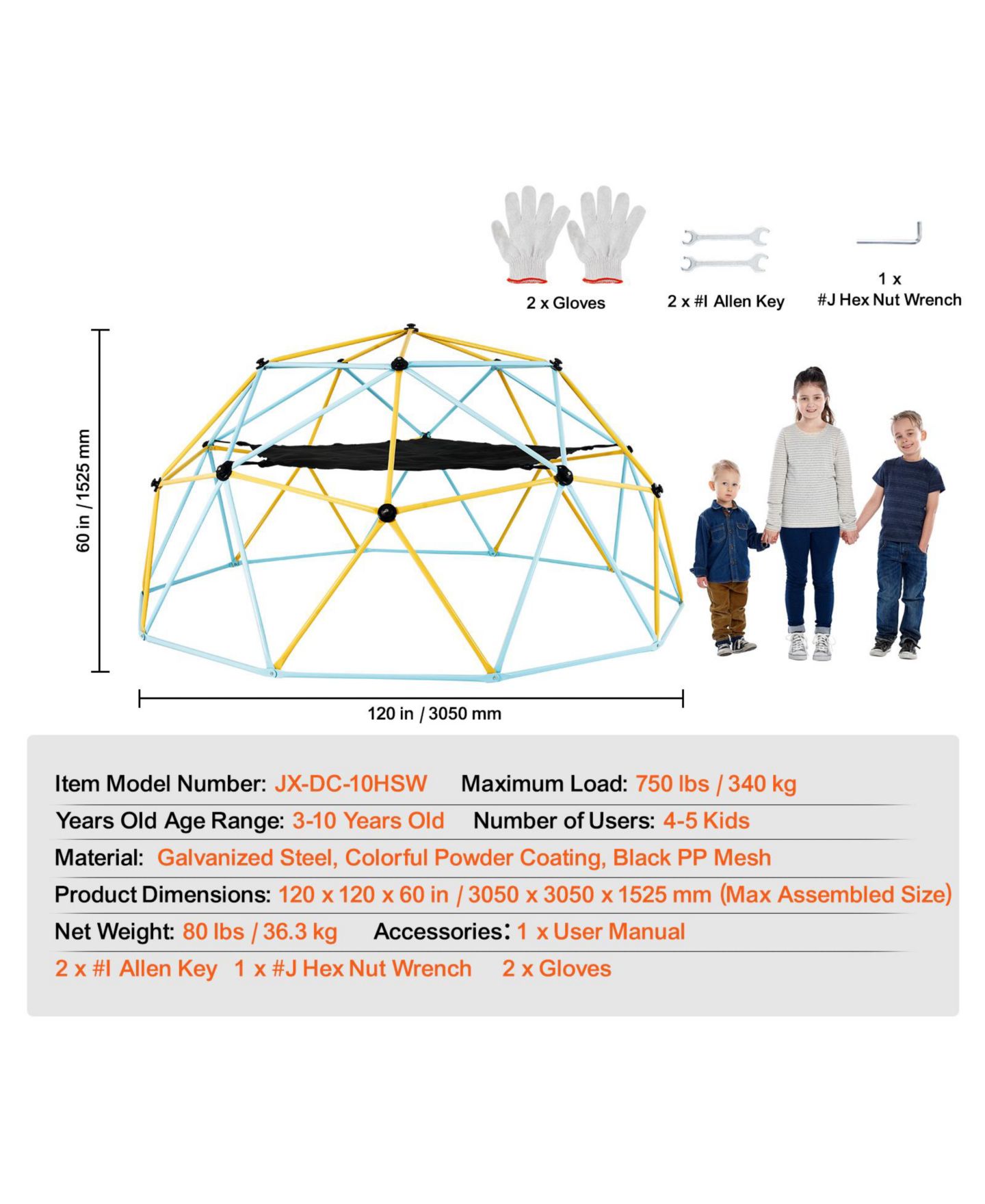 Детская игрушка VEVOR Geometric Dome Climber with Swing, Fits 4-5 Kids, 3–10 лет, цвет: Чёрный — фото 7