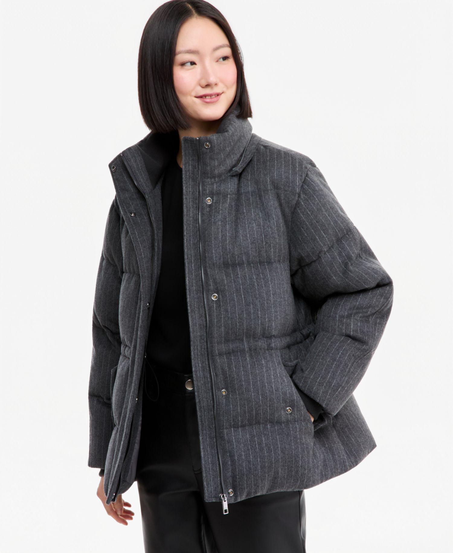 Women's Pinstripe Quilted Hooded Puffer Coat