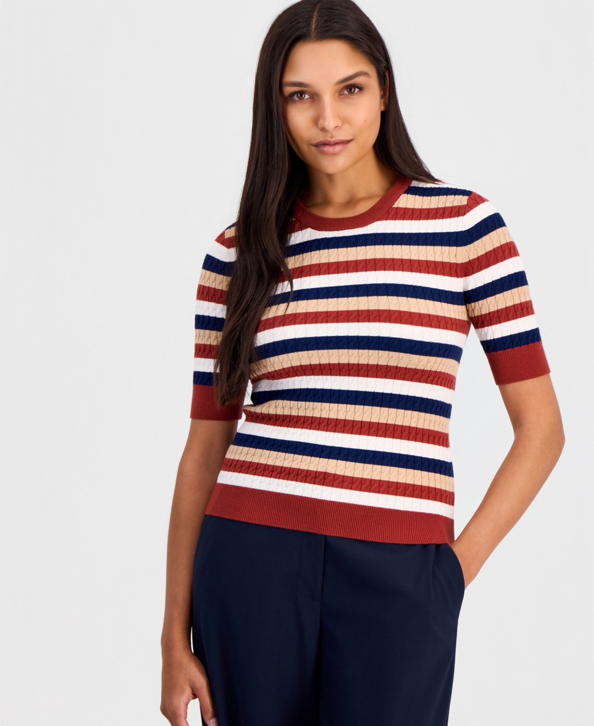 Elie Tahari Women's Ailany Striped Ribbed-Knit Short-Sleeve Sweater