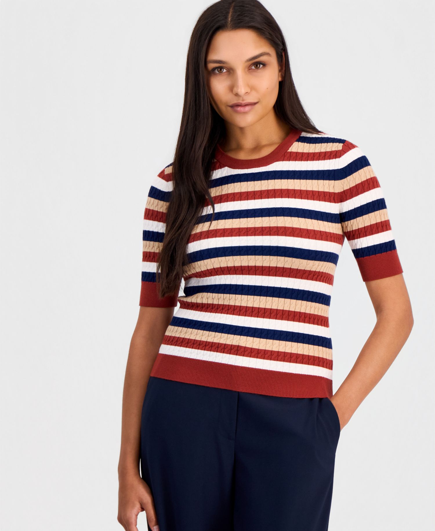 Women's Ailany Striped Ribbed-Knit Short-Sleeve Sweater