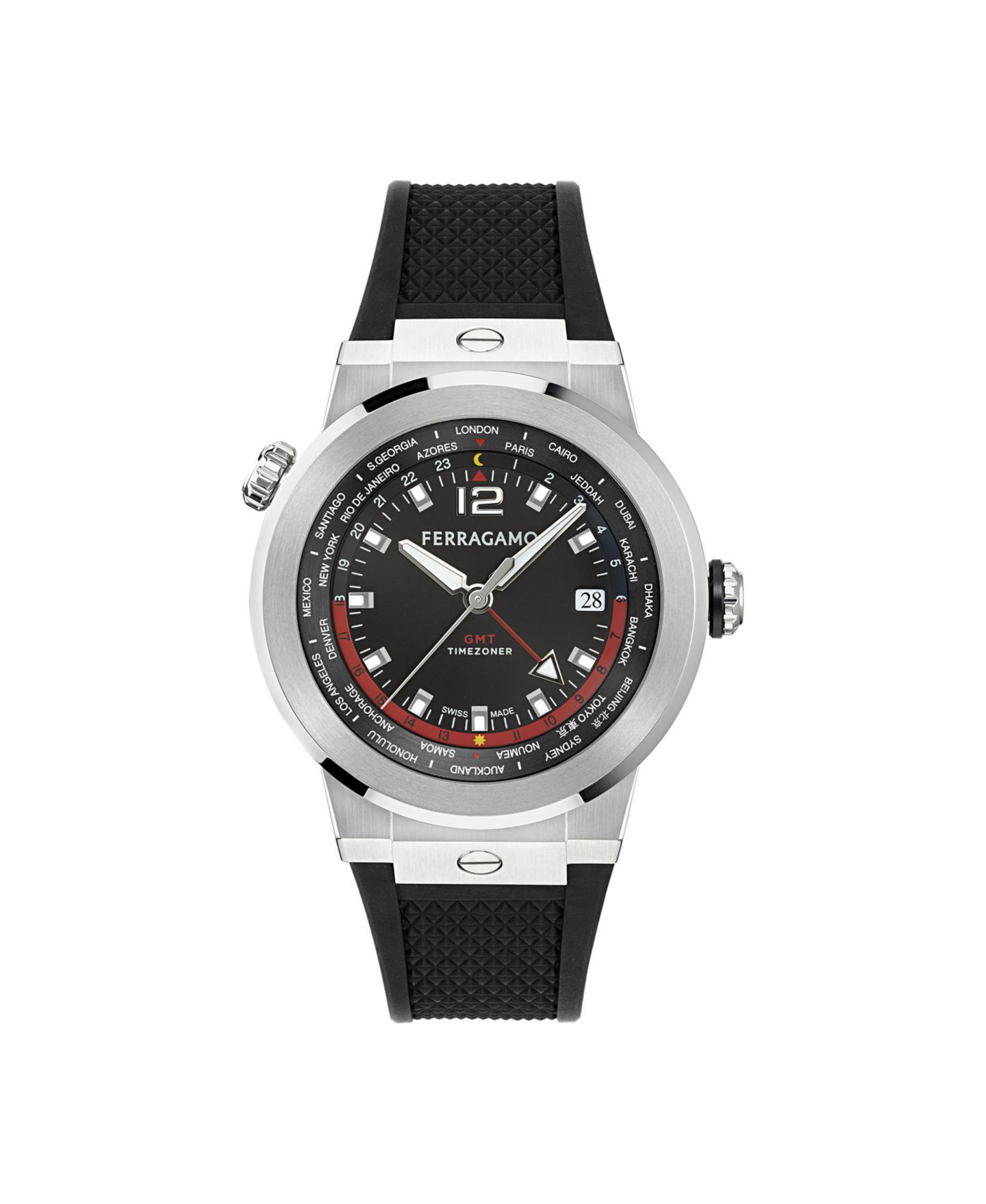 Мужские часы Ferragamo F-80 GMT Worldtime Black Stainless Steel Bracelet Watch 43mm — фото 1