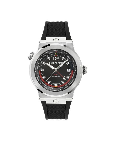 Мужские часы Ferragamo F-80 GMT Worldtime Black Stainless Steel Bracelet Watch 43mm