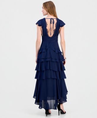 Lulus Sai V-Neck Short-Sleeve Tiered Midi Dress - NAVY