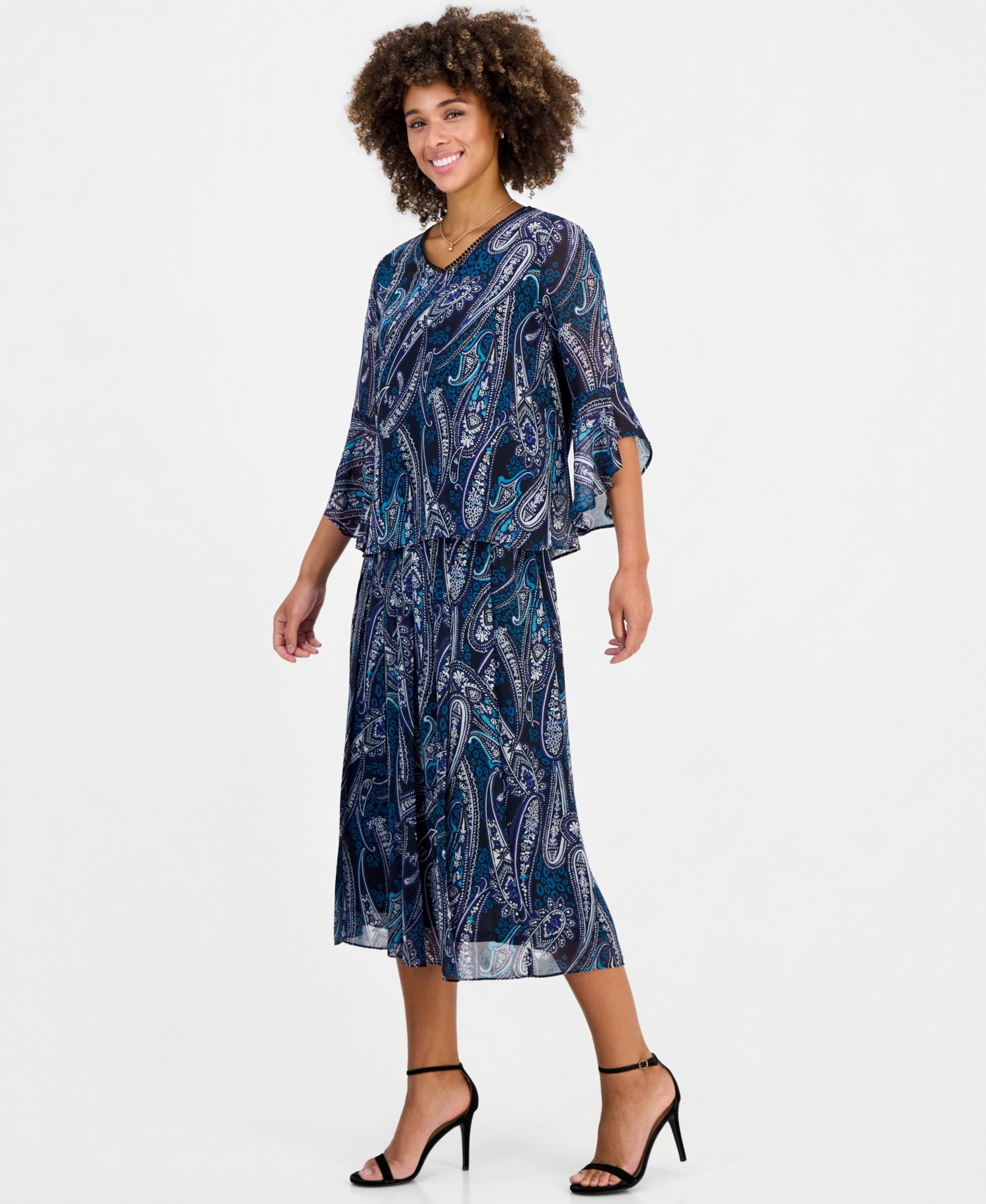 Women's Printed V-Neck Ruffle-Sleeve Blouse & Pleated Pull-On Midi Skirt