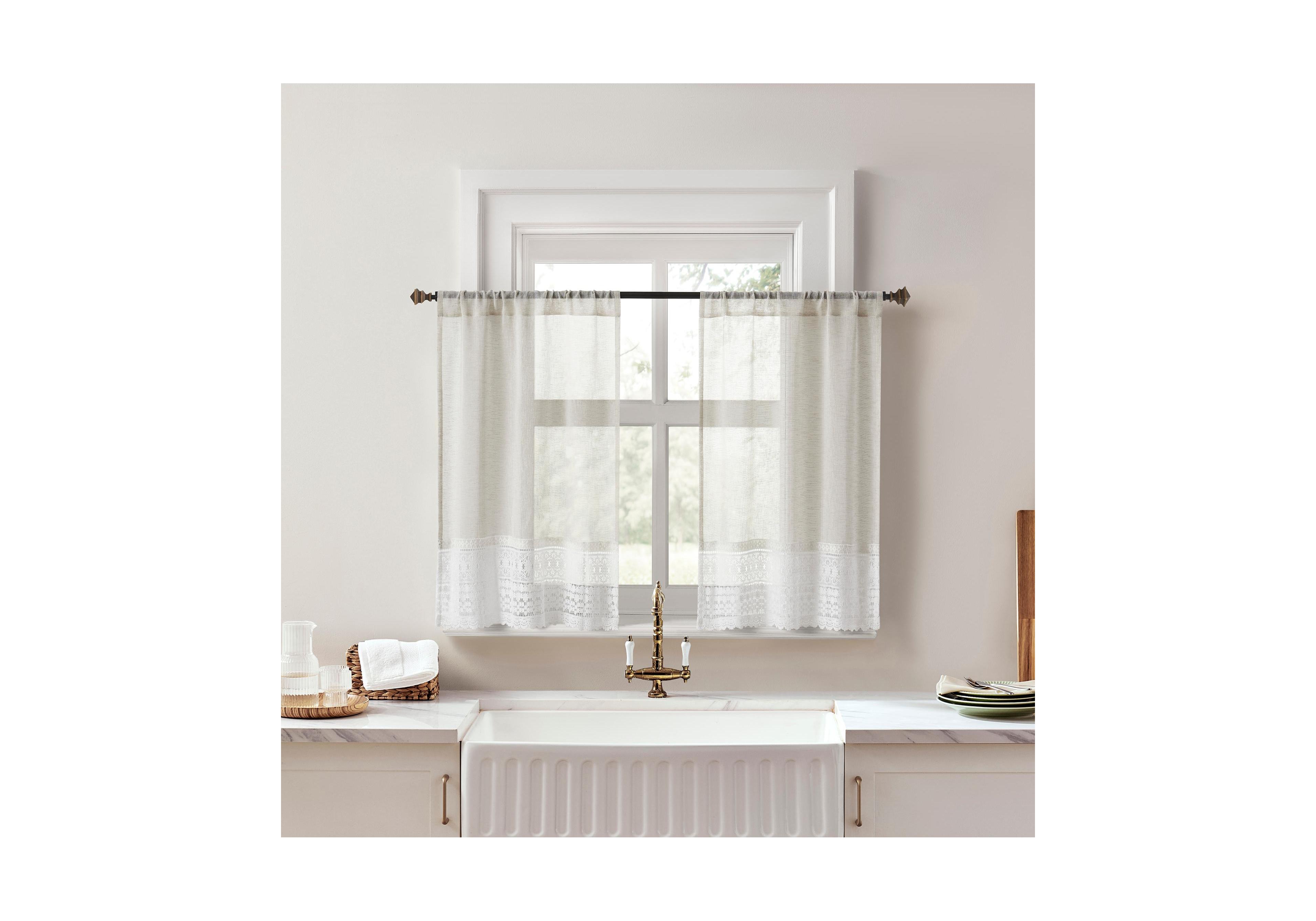 No. 918 Camille Macrame Lace Trim Sheer Rod Pocket Kitchen Curtain Tier Pair