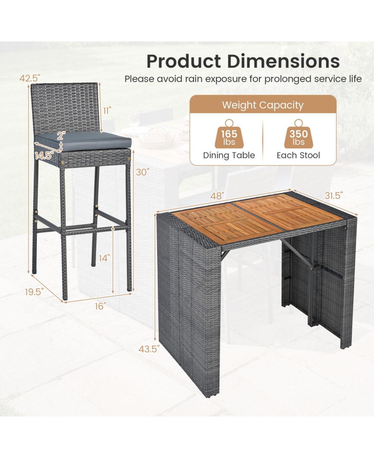 Sugift 5-Piece Patio Acacia Wood Bar Dining Set with 4 Pe Wicker Bar Stools