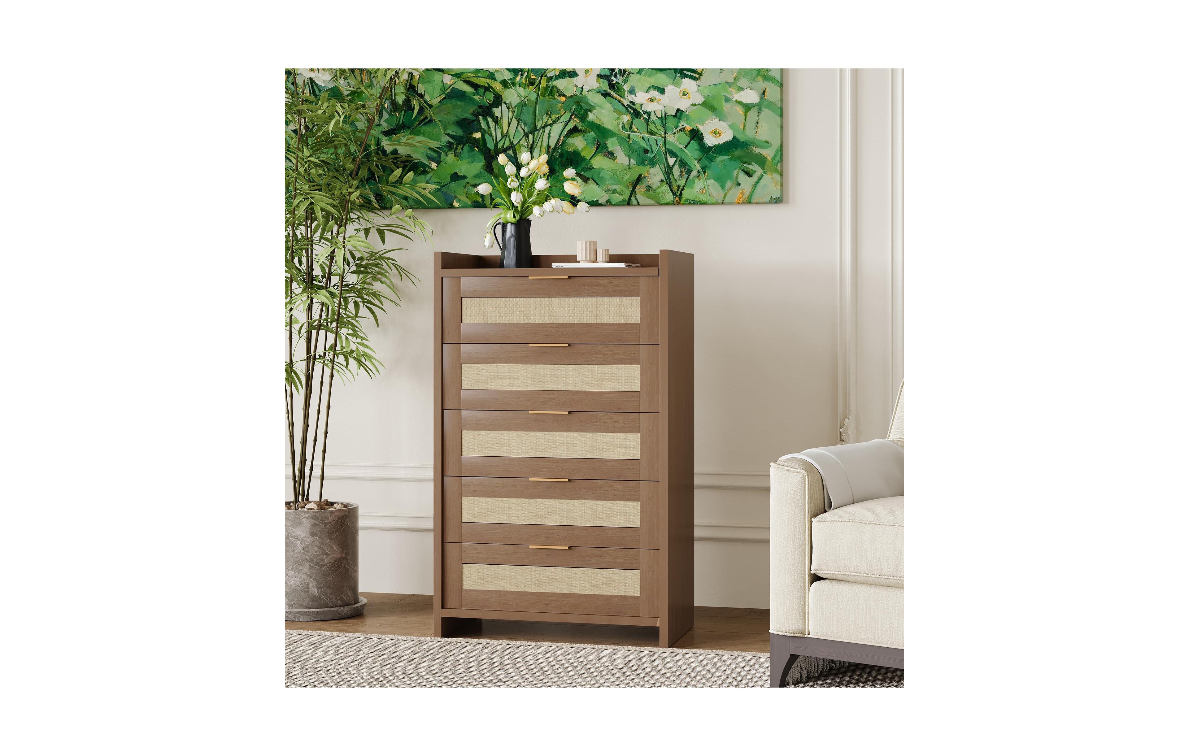 homfan Boho Rattan Dresser with 5 Drawers for Bedroom, Nursery, Living Room, and Entryway