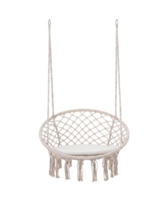 Macrame Hanging Swing Chair Hammock with Round Cushion and Foldable Frame