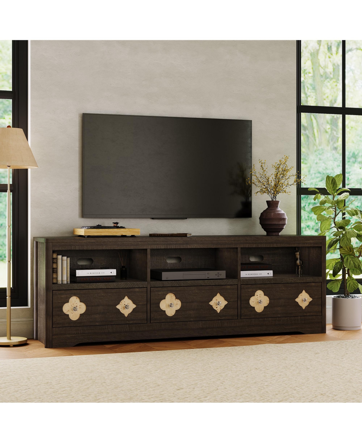 homfan Farmhouse 70" Tv Stand for Tvs Up to 85" â Mid Century Entertainment Center with Carved Drawer and Open Shelves, TV Console for Living Room -