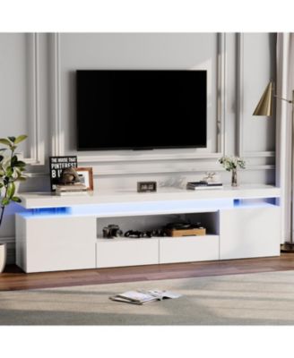 LED TV Stand for Inch TV, Modern High Gloss Entertainment Center with Power Outlets,  LED Lights and Glass Storage Shelves