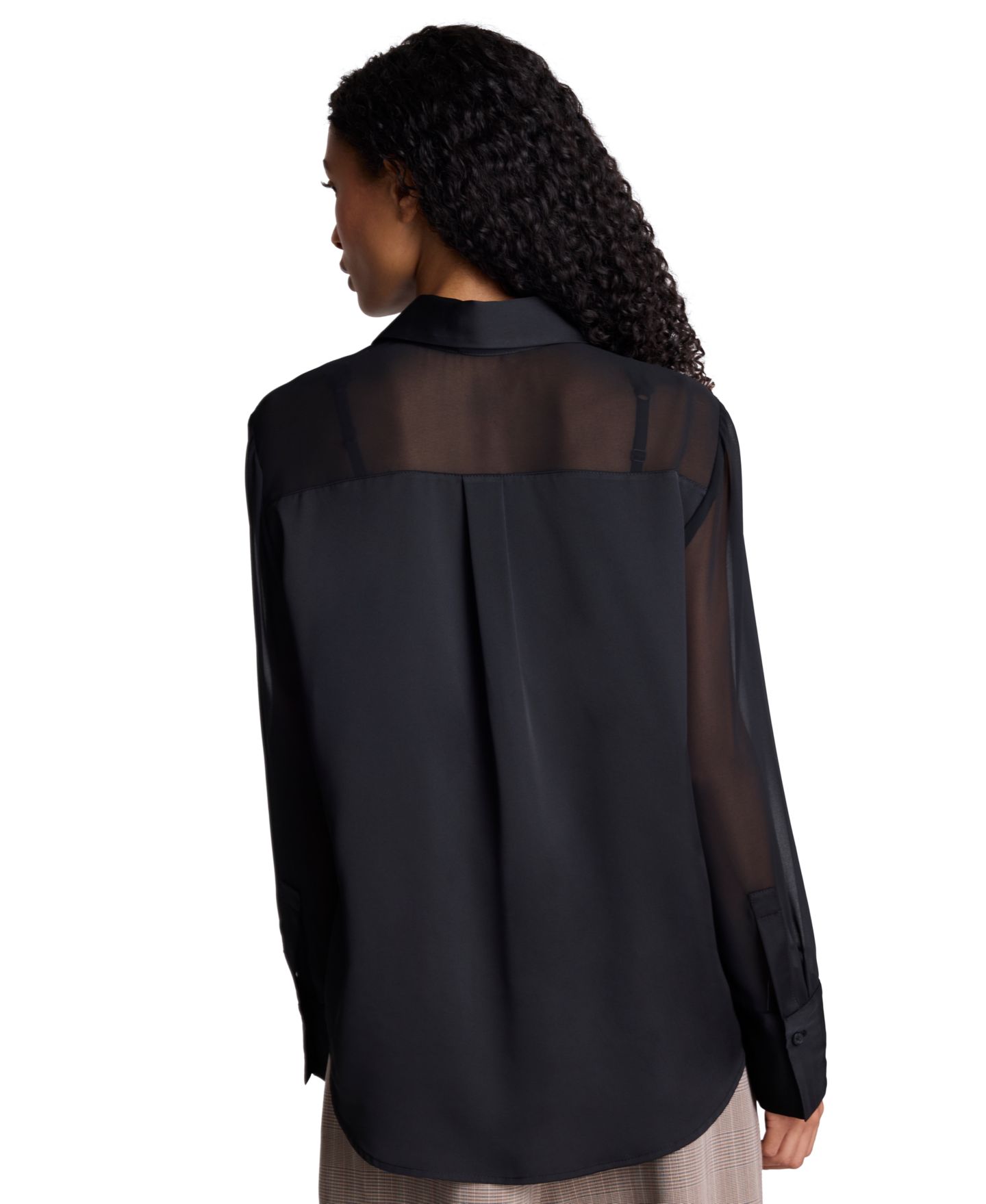 Женская рубашка Kenneth Cole Long Sleeve Button Front Satin Shirt with Sheer Yoke, цвет: Чёрный — фото 5