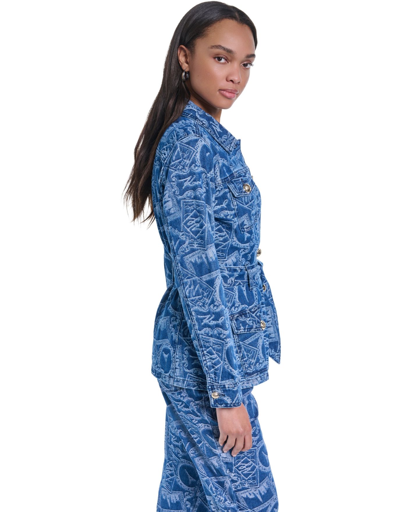 Женская куртка KARL LAGERFELD PARIS All-Over Print Denim Trench, цвет: Средний индиго — фото 3