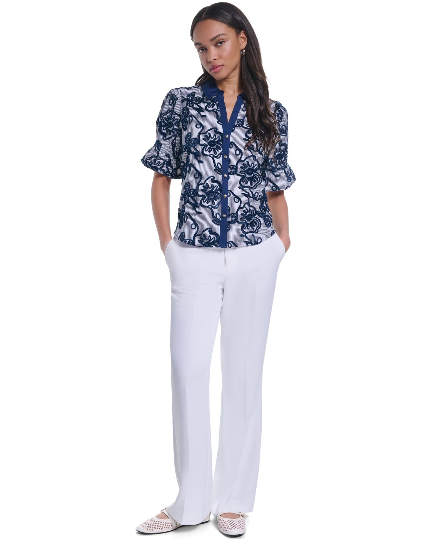 Women's Velvet Embroidery Button-Front Blouse