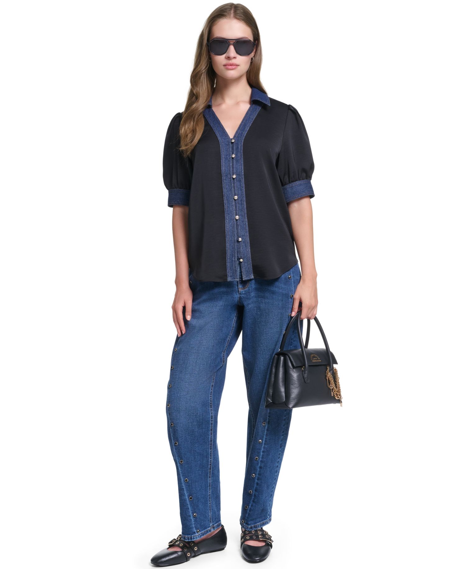 Petite Denim Collar Button-Front Blouse