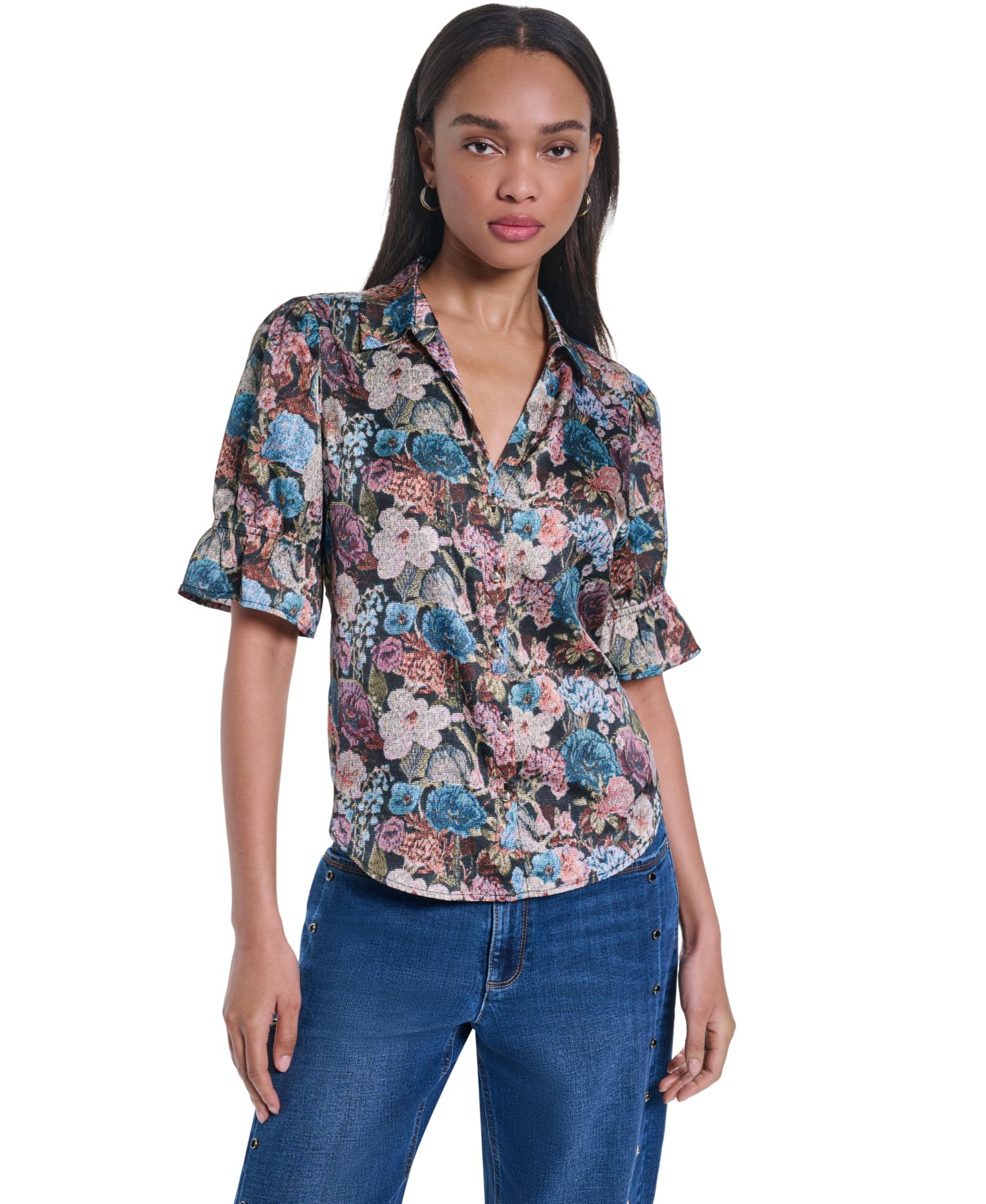 Women's Floral Brocade Print 3/4-Sleeve Button-Up Blouse