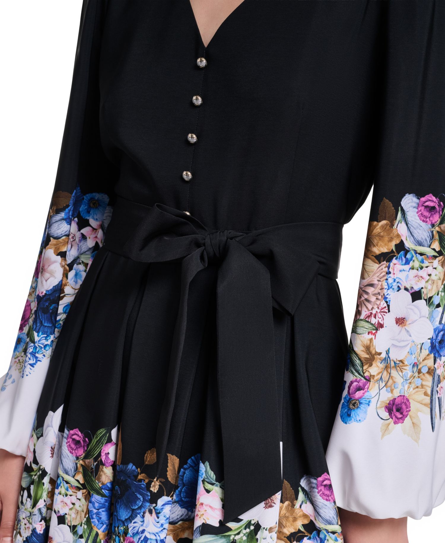 Women's Floral Long-Sleeve Self-Tie Button-Front Dress
