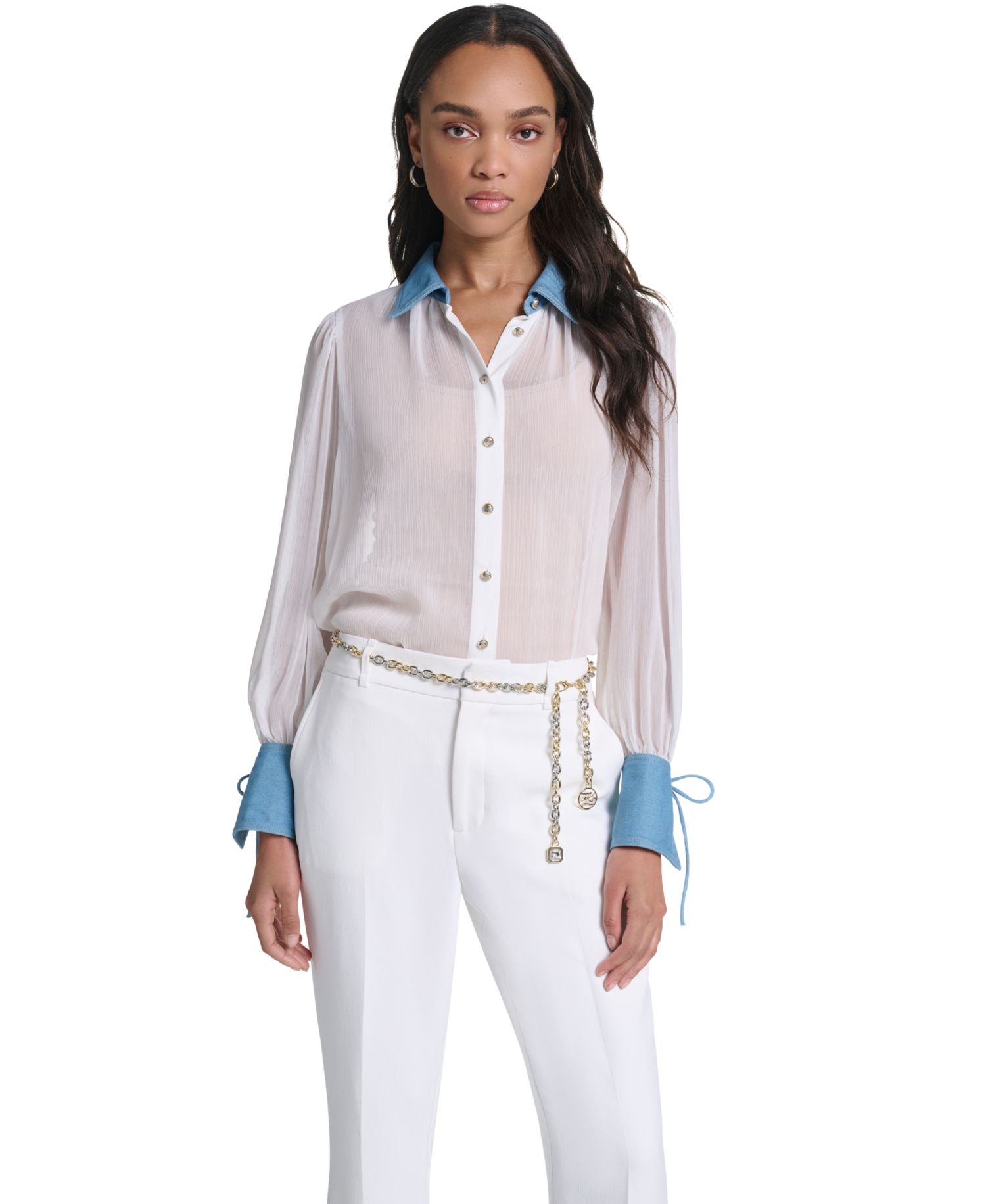 Petite Denim Collar and Cuff Crinkle Chiffon Button-Up Top