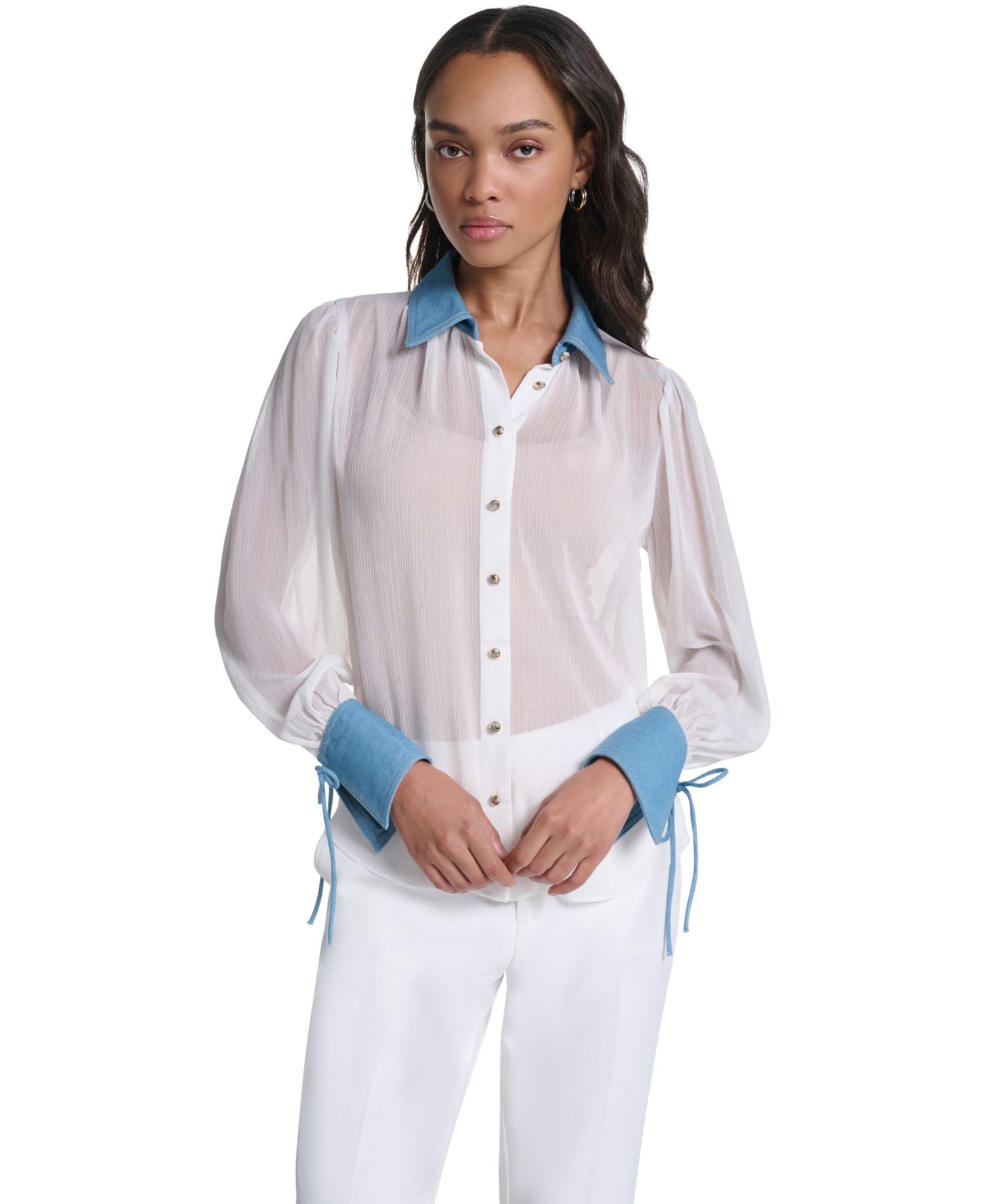 Petite Denim Collar and Cuff Crinkle Chiffon Button-Up Top