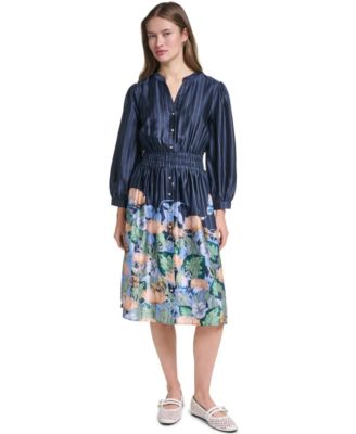 Women's Striped Floral 3/4-Sleeve Button-Front Dress