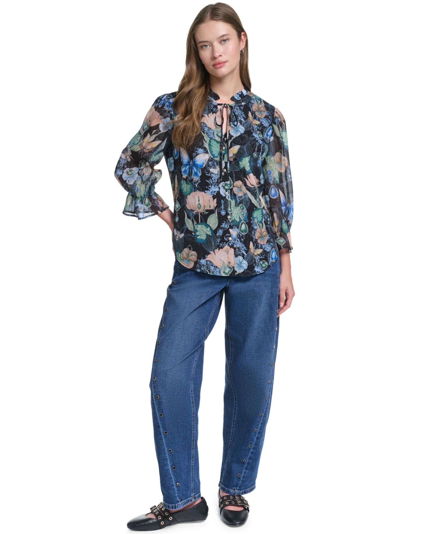Women's Ruffle Collar Printed Chiffon Button-Up Blouse