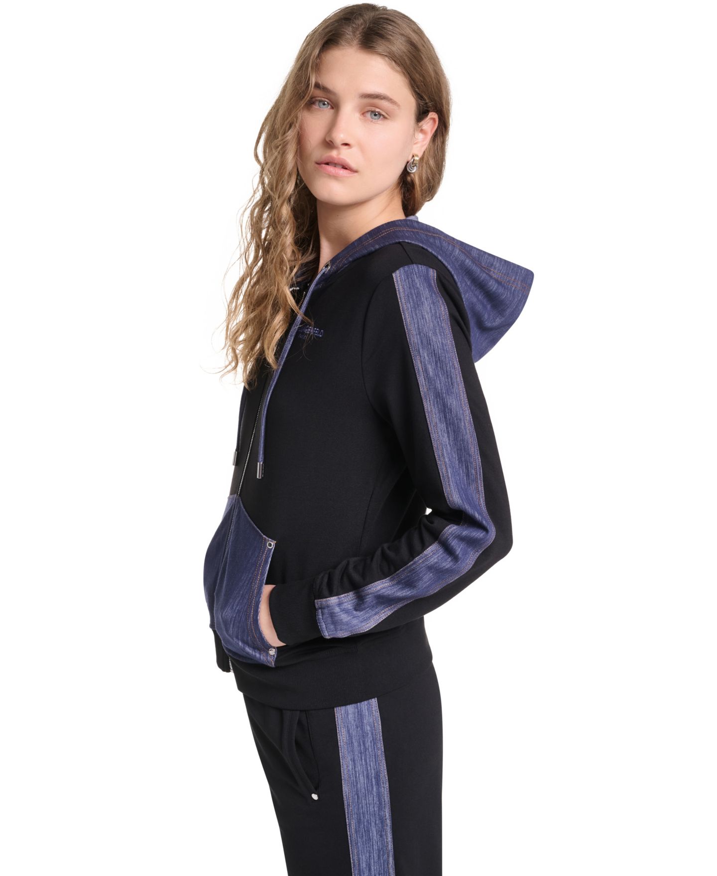 Женская куртка KARL LAGERFELD PARIS Zip-Up Denim-Contrast Hooded, цвет: Чёрный — фото 3