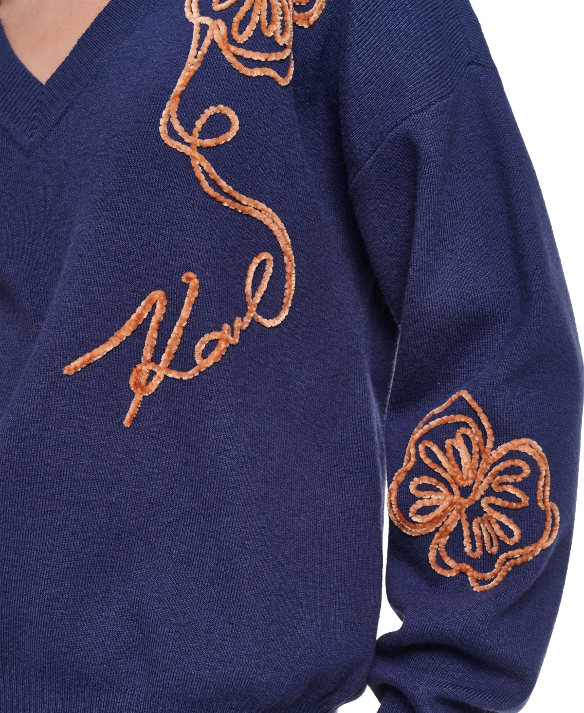 Karl Lagerfeld Paris Women's Floral Embroidery V-Neck Sweater