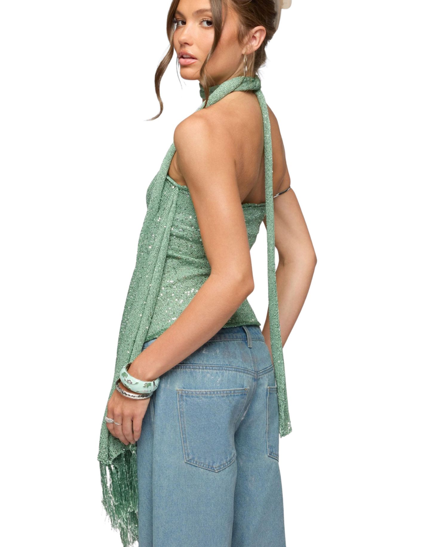 Women's Two-Piece Sequin Knit Scarf Top