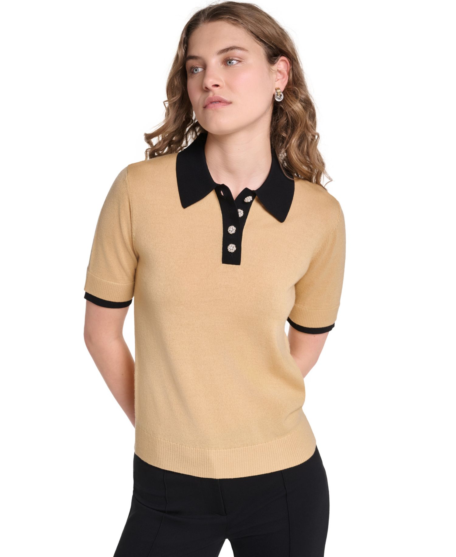 Petite Short-Sleeve Contrast Collar Sweater