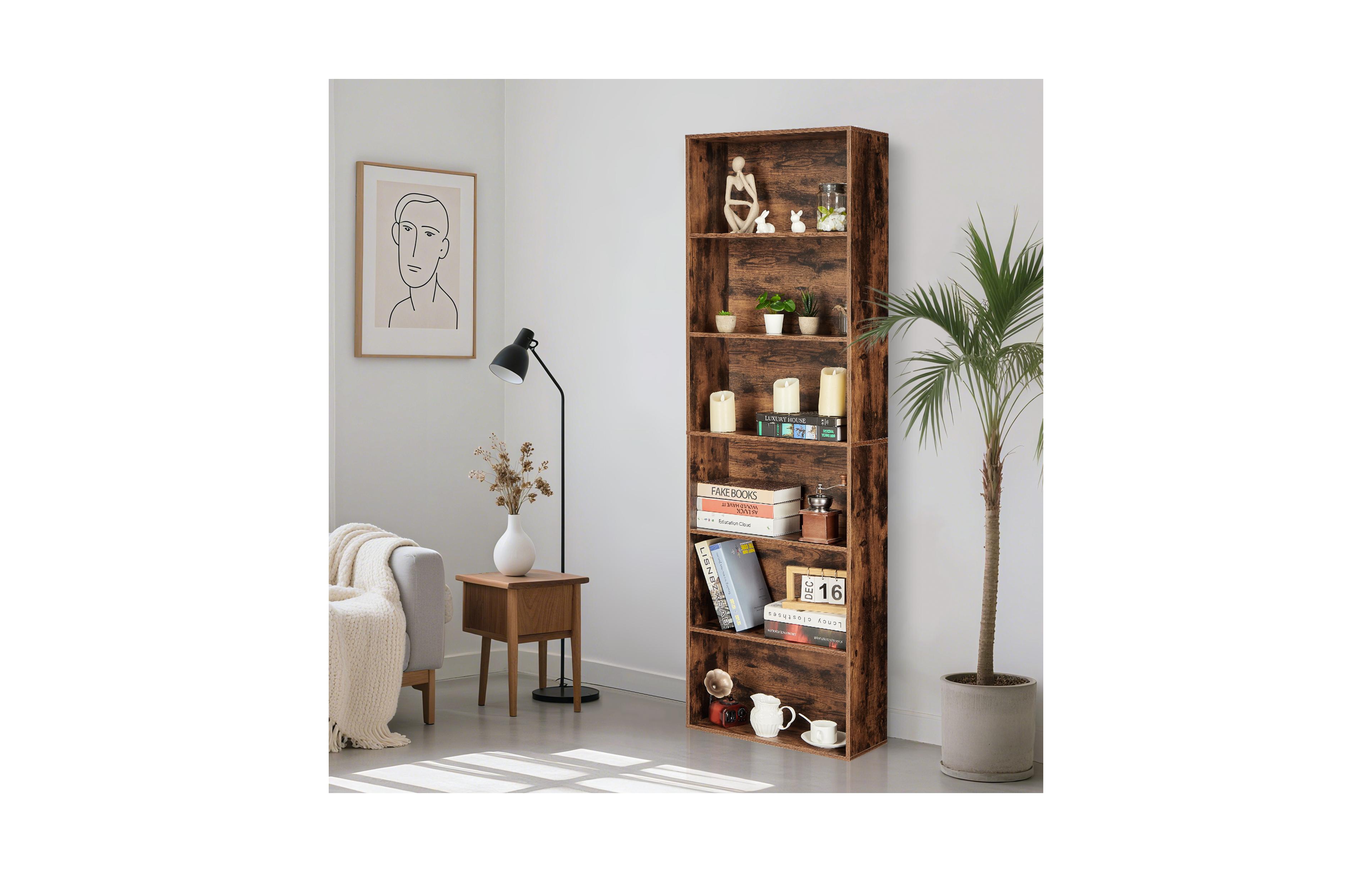 homfan 6 Tier Tall Wooden Bookcase Open Standing Bookshelf Display Storage Shelves for Home Office
