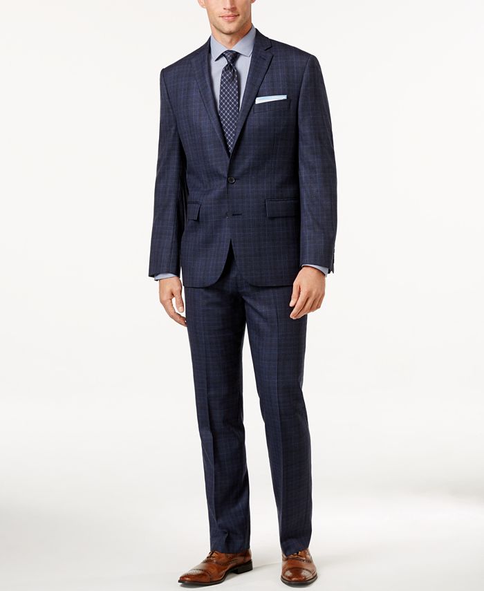Ryan Seacrest Distinction Men's Modern Fit Blue Flannel Glen Plaid Suit ...