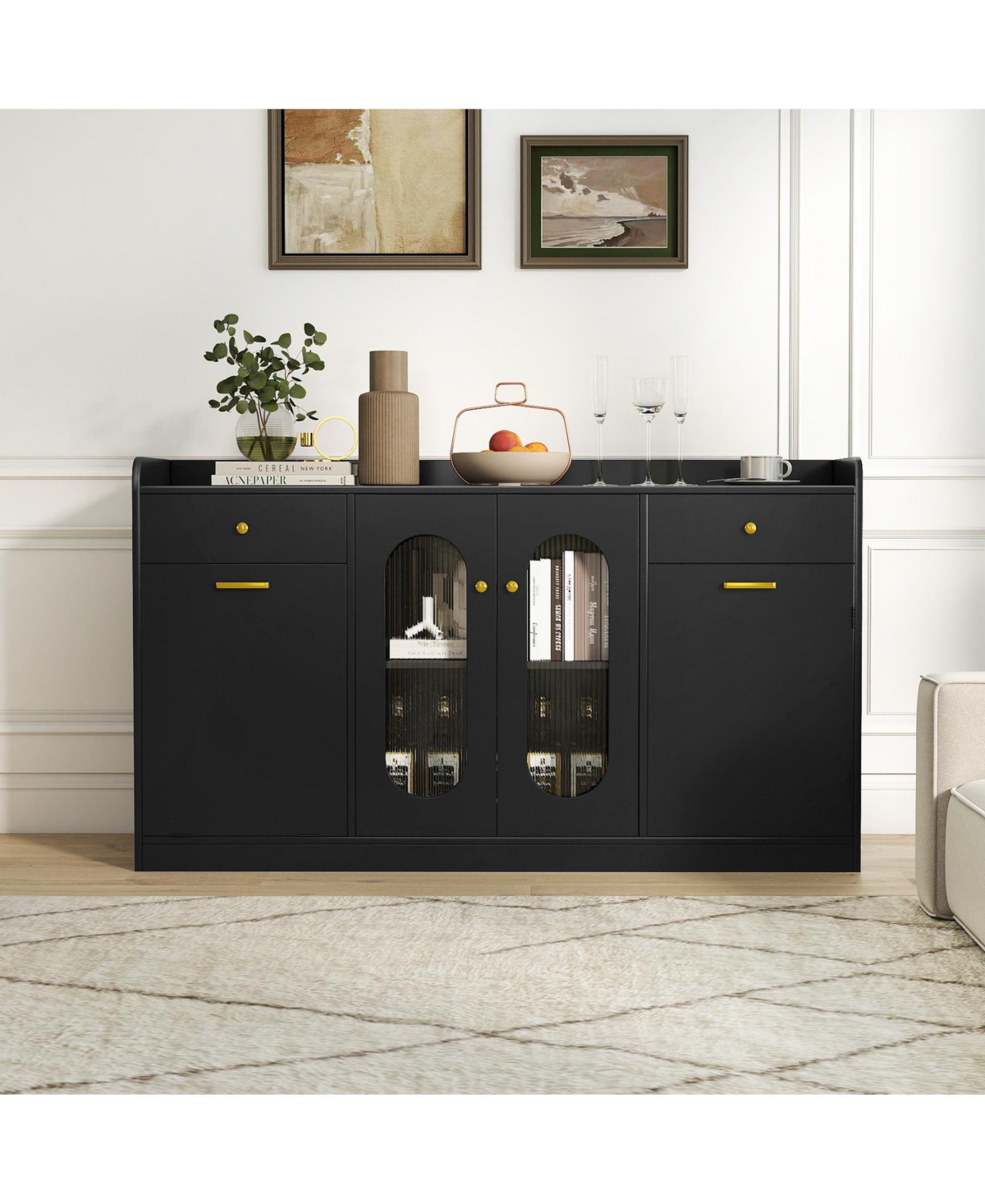 Costway 55" Large Buffet Cabinet with 2 Glass Doors, Drawers, Door Shelves for Kitchen