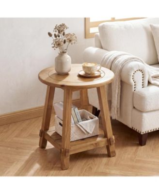 Round Side Table, Small Solid Wood End Table, 2-Tier Sofa Couch Table, for Small Spaces, Living Room, Bedroom and Balcony