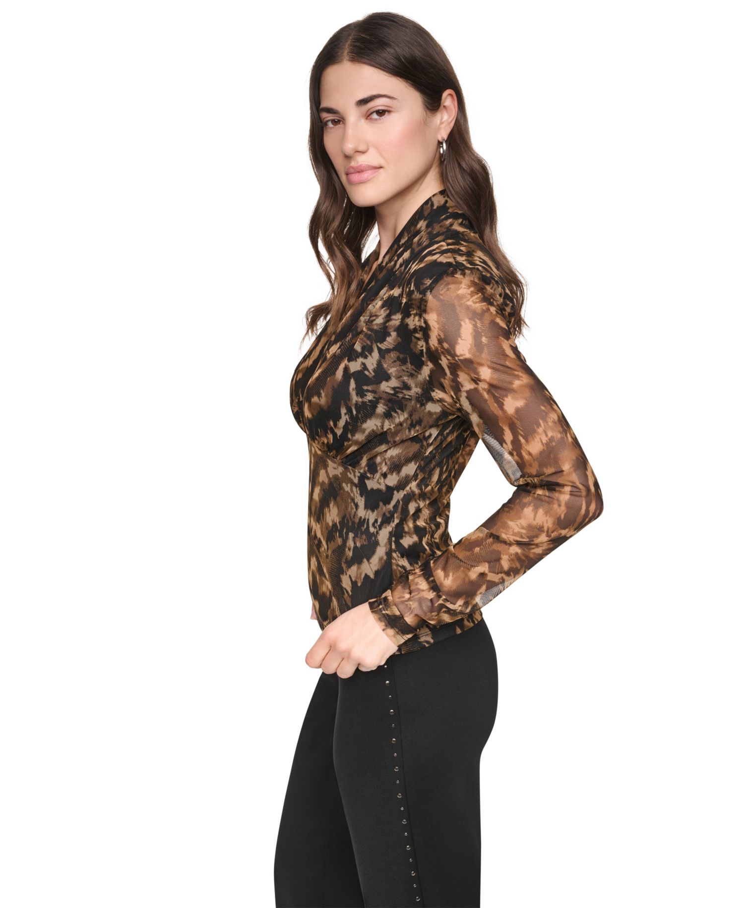 Women's Printed Mesh V-Neck Long-Sleeve Top