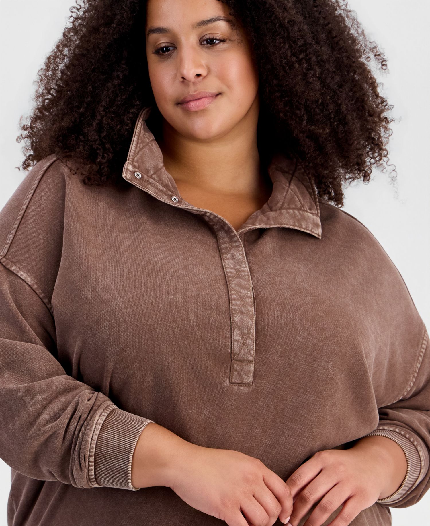 Petite Snap Henley Fleece French Terry Mock Neck Sweatshirt