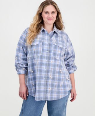 Trendy Plus Size Long-Sleeve Plaid Cord-Embroidered Blouse
