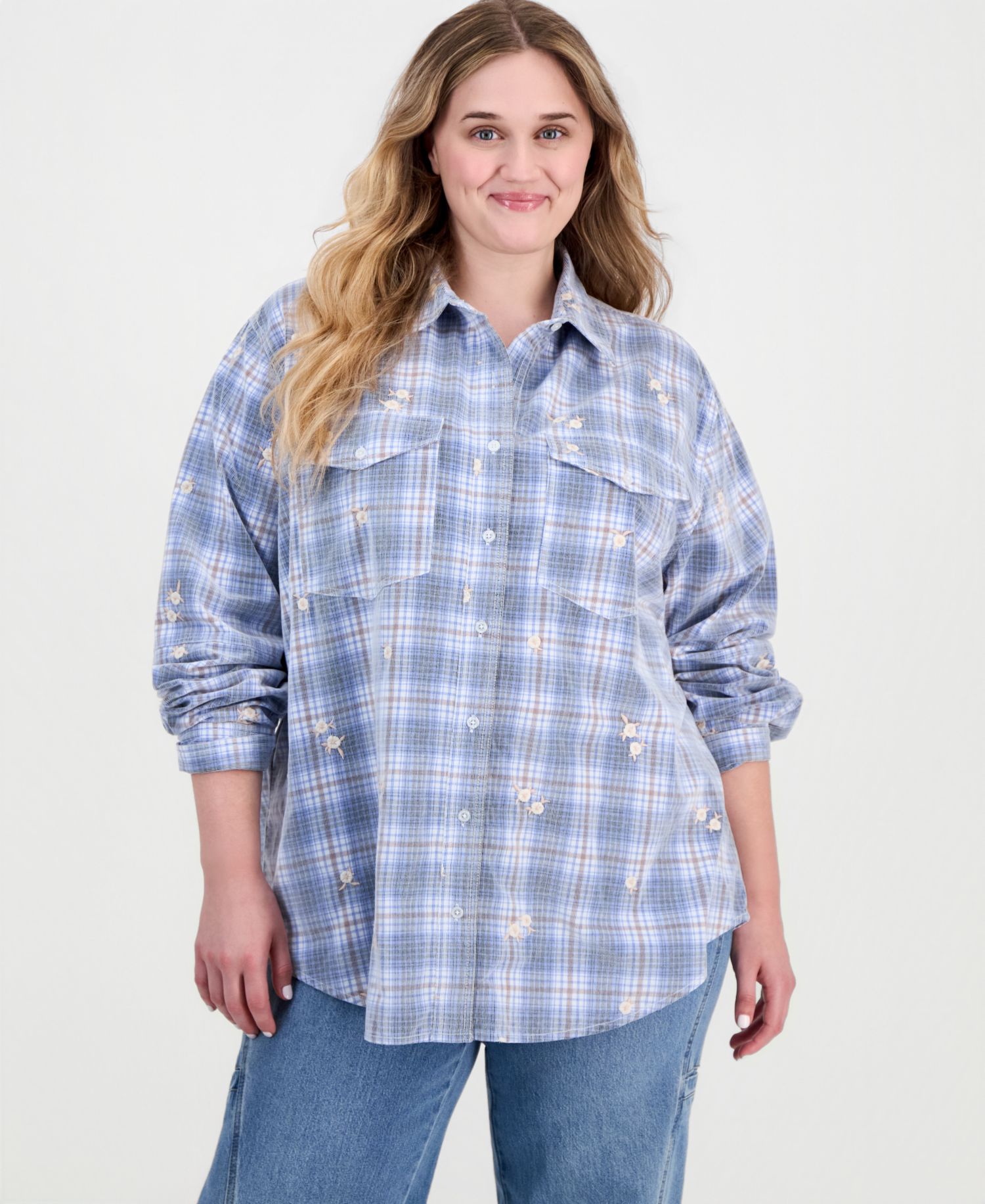 Trendy Plus Size Long-Sleeve Plaid Cord-Embroidered Blouse