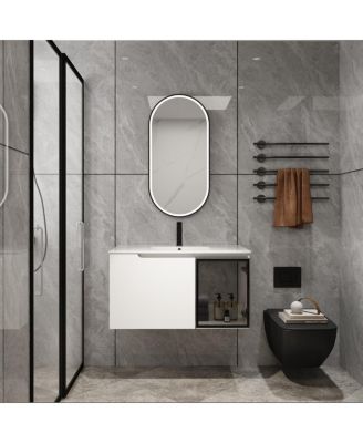 36" Wall-Mounted Glossy White Bathroom Vanity With Ceramic Sink, Gray Glass Door, 2 Soft-Close Doors