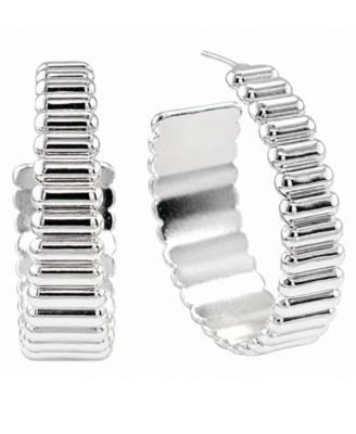 Fine Silver-Tone Plated Ribbed C Hoop Earrings