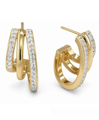 Crystal Gold-Tone Plated Triple Row Hoop Earrings