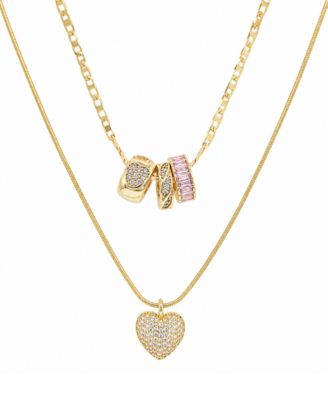 Cubic Zirconia Gold-Tone Plated Multi Color Stone Double Layer Rondelle and Heart Pendant Necklace