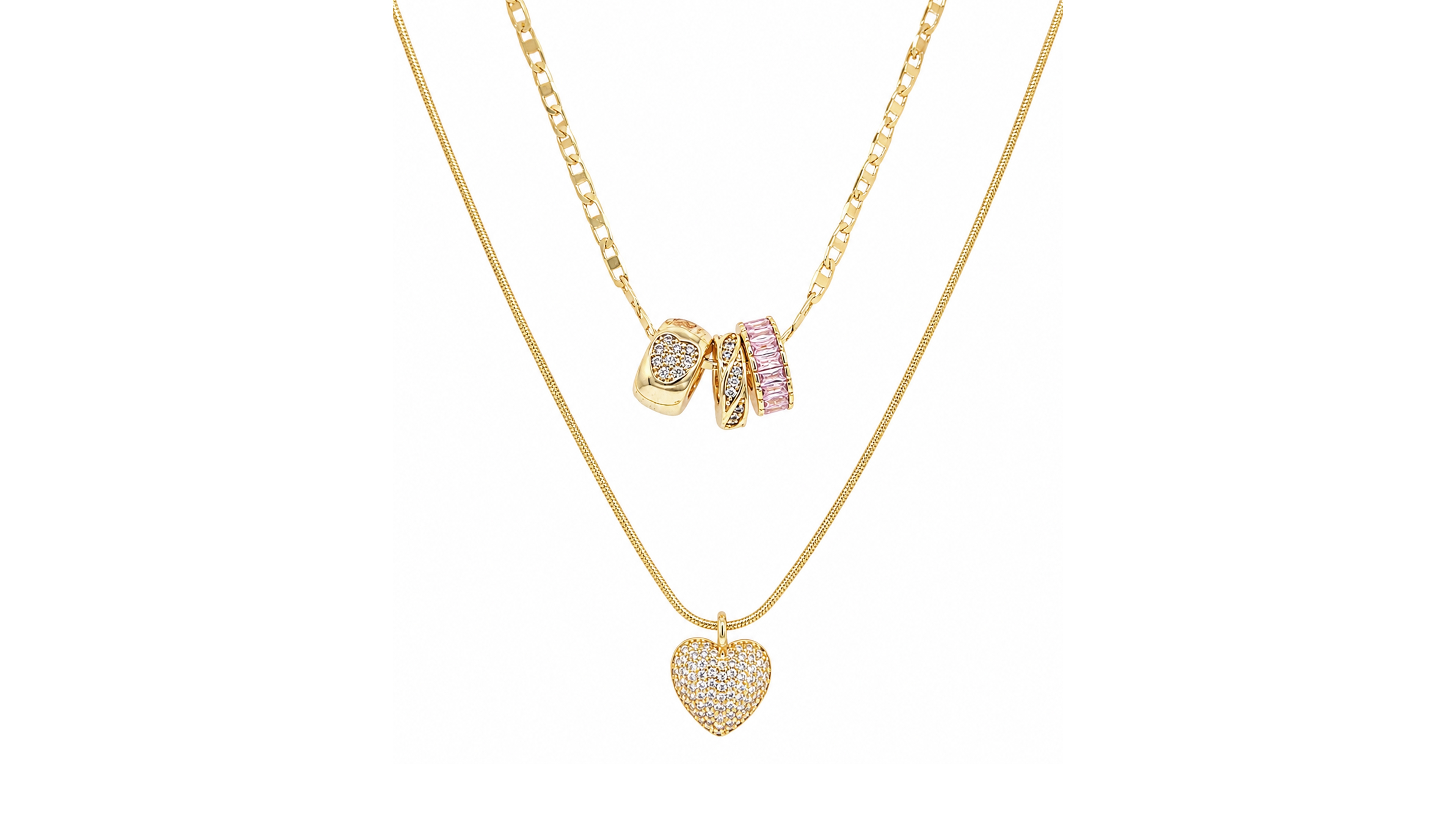 And Now This Cubic Zirconia Gold-Tone Plated Multi Color Stone Double Layer Rondelle and Heart Pendant Necklace
