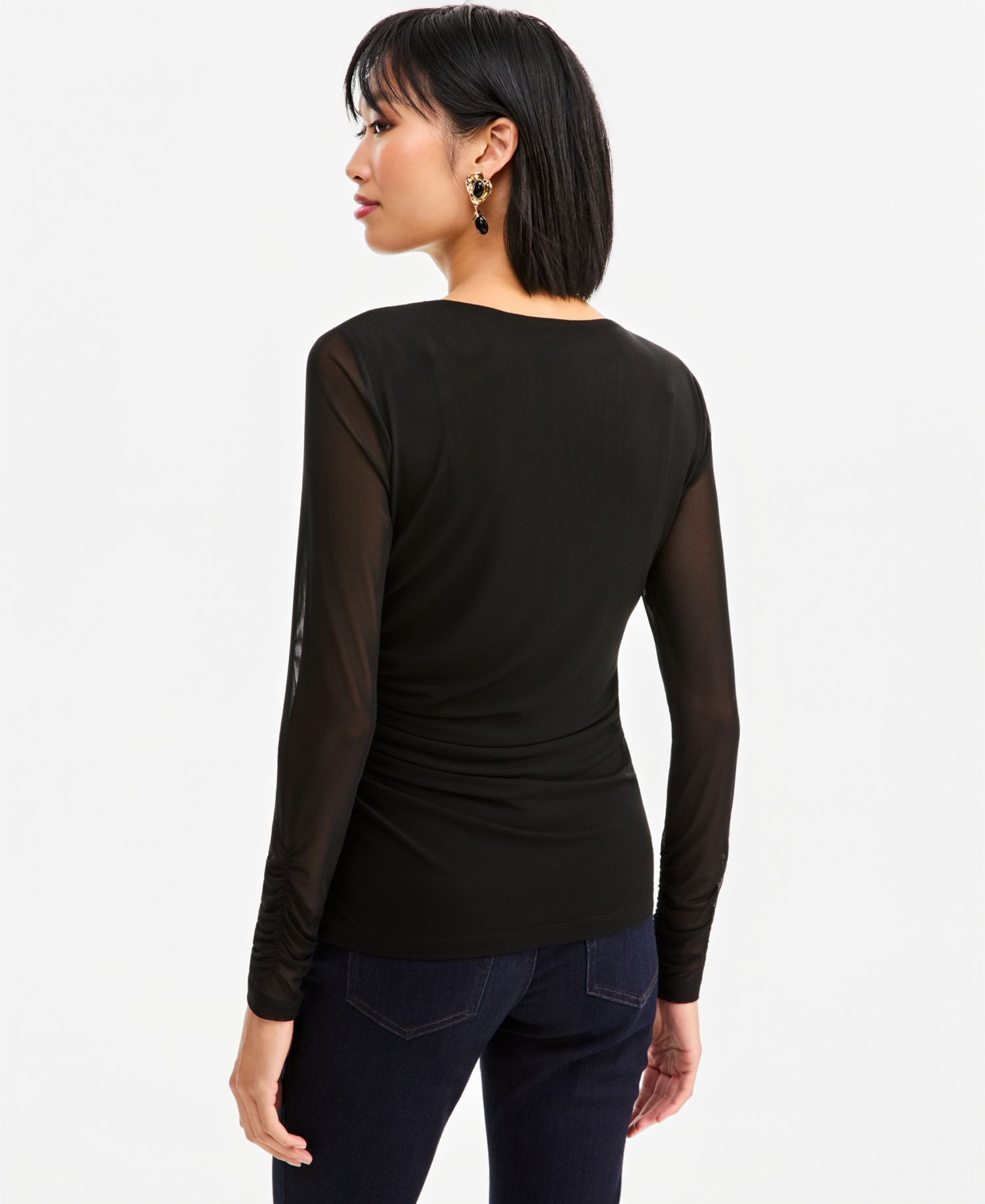 Women's Long-Sleeve Ruched Mesh Blouse