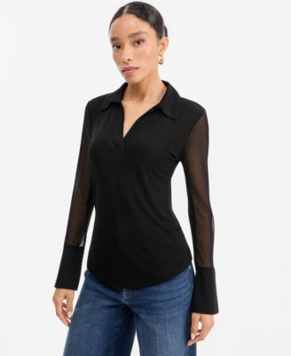 Women's Mesh Collared Long-Sleeve Top