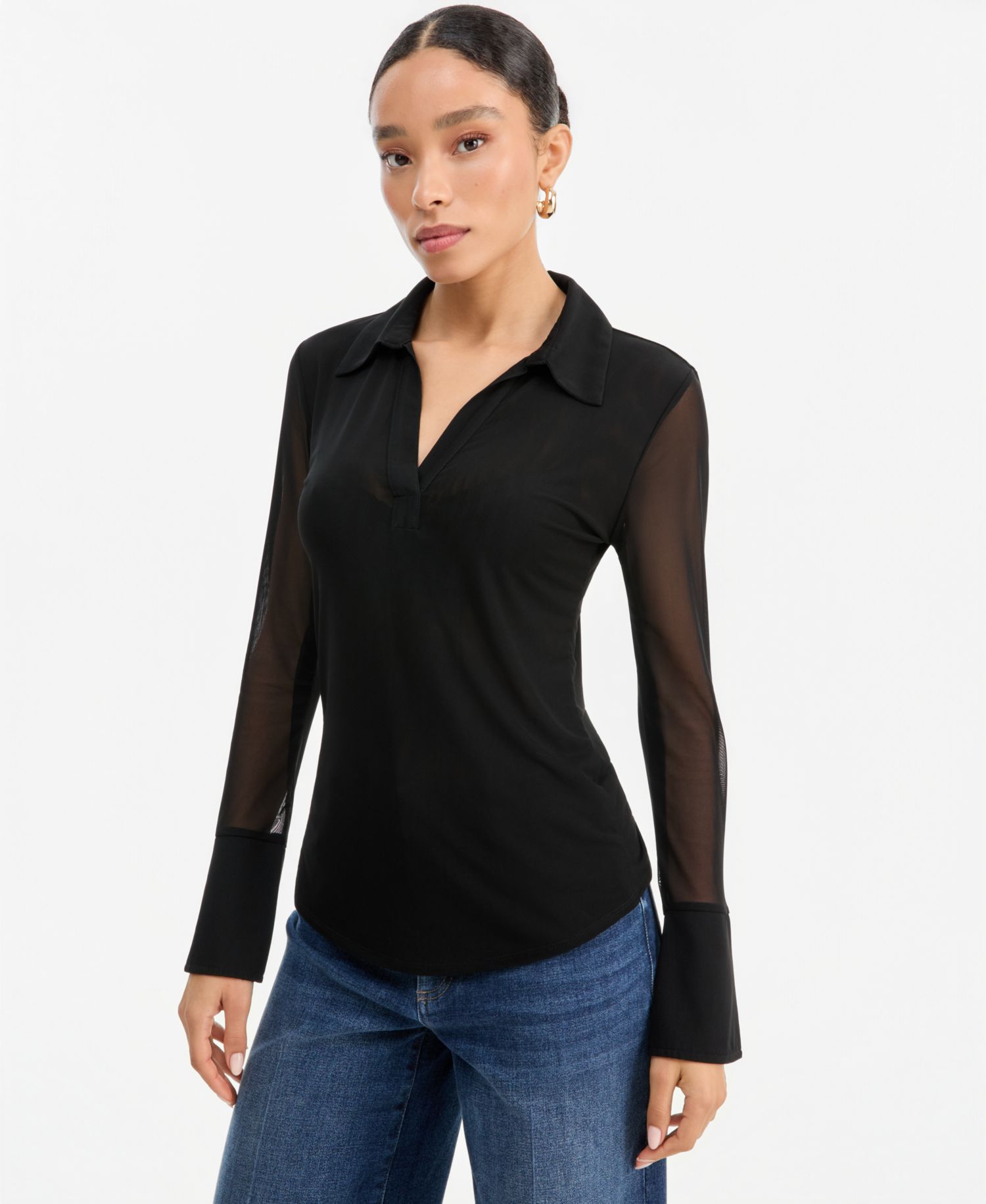 Women's Mesh Collared Long-Sleeve Top