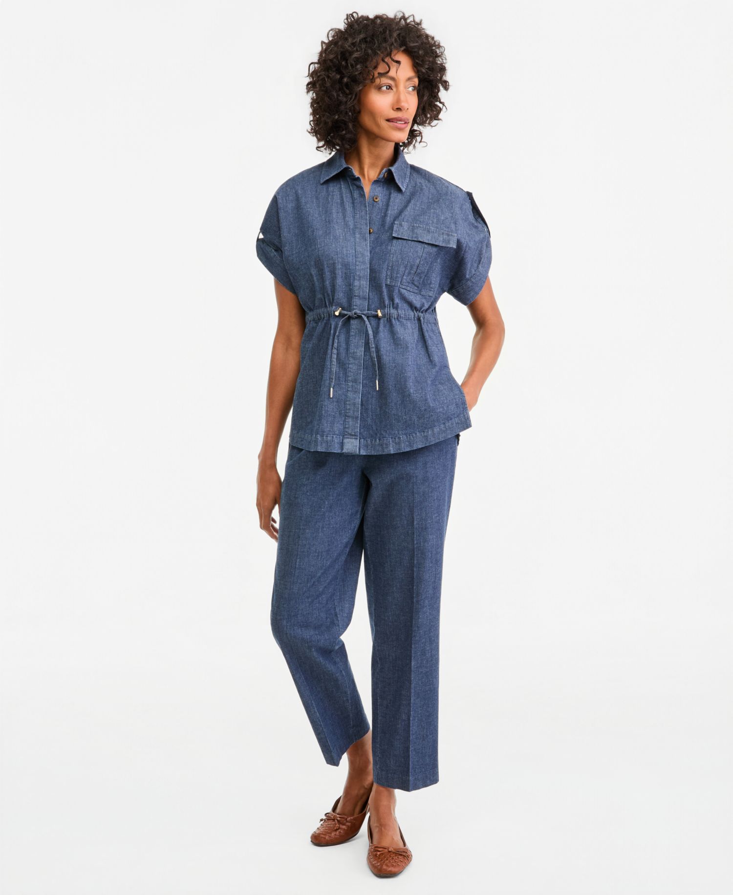 Women's Button-Front Cinch Waist Shirt